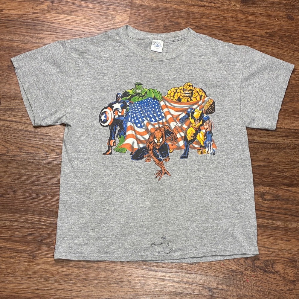 Rare Vintage 2001 Marvel 9/11 Tribute T-Shirt Men's L Super Heroes USA Flag